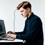 **

"A young artist, fully clothed in professional attire, working on a sound art installation, using Ableton Live software on a laptop, surrounded by various microphones and audio equipment in a well-lit studio, appropriate content, safe for work, perfect anatomy, natural proportions, high quality, professional setting, modest."

**