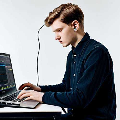 Home 11 **
"A young artist, fully clothed in professional attire, working on a sound art installation, using Ableton Live software on a laptop, surrounded by various microphones and audio equipment in a well-lit studio, appropriate content, safe for work, perfect anatomy, natural proportions, high quality, professional setting, modest."
**