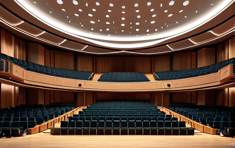 A concert hall interior designed for optimal sound reflection and absorption, ensuring a balanced acoustic experience during a performance.