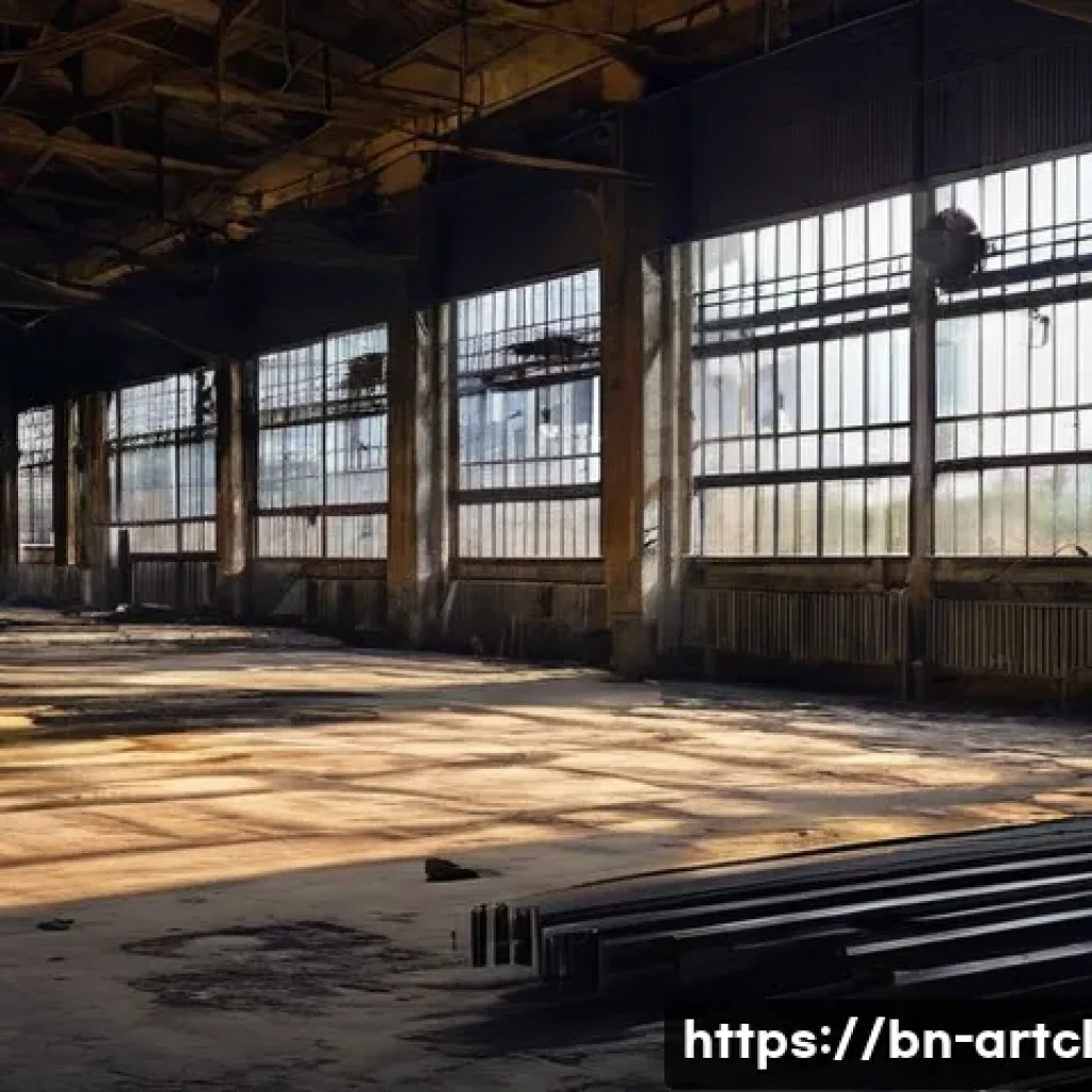 사운드 아트 프로젝트에 적합한 전시 장소 - **Prompt 1: "A cinematic wide shot of an expansive, abandoned textile mill interior. Sunlight stream...