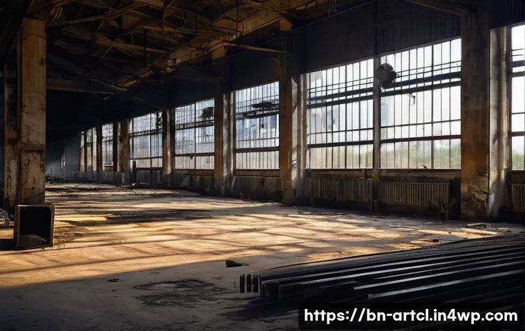 사운드 아트 프로젝트에 적합한 전시 장소 - **Prompt 1: "A cinematic wide shot of an expansive, abandoned textile mill interior. Sunlight stream...