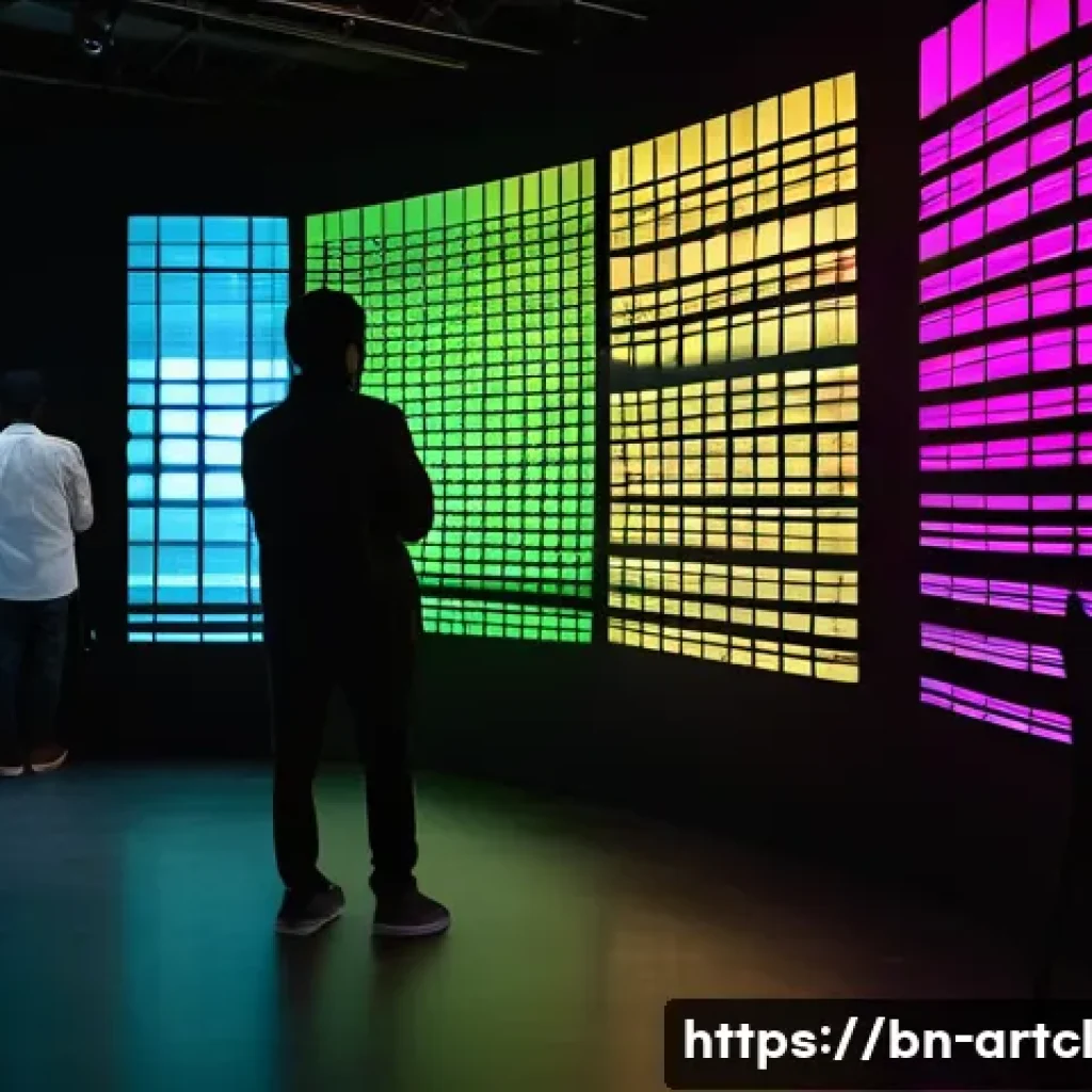 사운드 아트와 인터랙티브 기술의 관계 - A serene art gallery space filled with an interactive sound art installation, featuring translucent ...