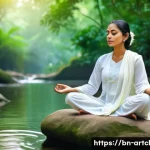 Home 22 사운드 아트와 감각적 경험의 관계 - A serene scene depicting a Bengali woman meditating outdoors surrounded by lush greenery and natural...