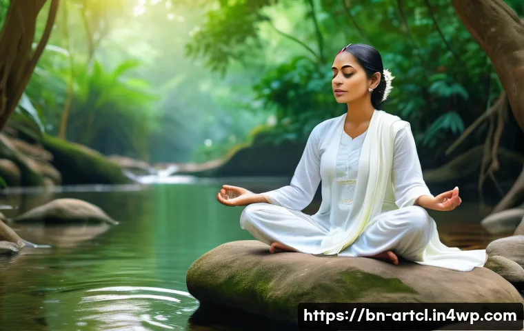 사운드 아트와 감각적 경험의 관계 - A serene scene depicting a Bengali woman meditating outdoors surrounded by lush greenery and natural...