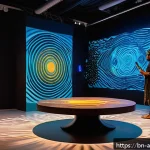 Home 21 사운드 아트에서의 창의적 문제 해결 방안 - A vibrant sound art installation in a modern gallery space inspired by Bengali culture, featuring ab...