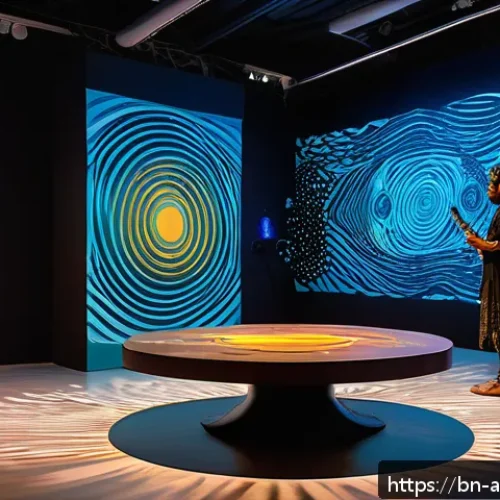 Home 33 사운드 아트에서의 창의적 문제 해결 방안 - A vibrant sound art installation in a modern gallery space inspired by Bengali culture, featuring ab...