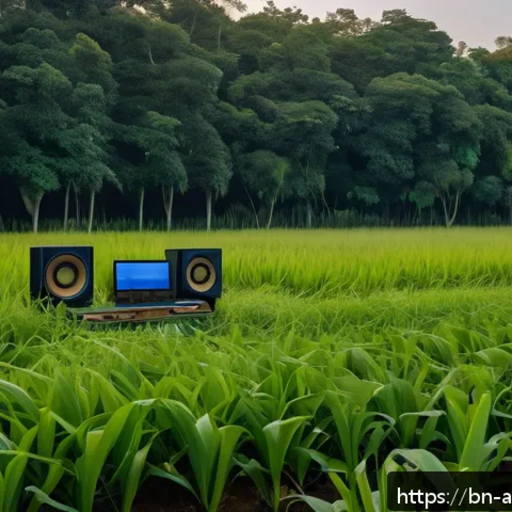 사운드 아트의 청각적 구성 요소 이해하기 - A serene outdoor sound art installation in a lush green open field during golden hour, featuring tra...