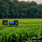 Home 20 사운드 아트의 청각적 구성 요소 이해하기 - A serene outdoor sound art installation in a lush green open field during golden hour, featuring tra...