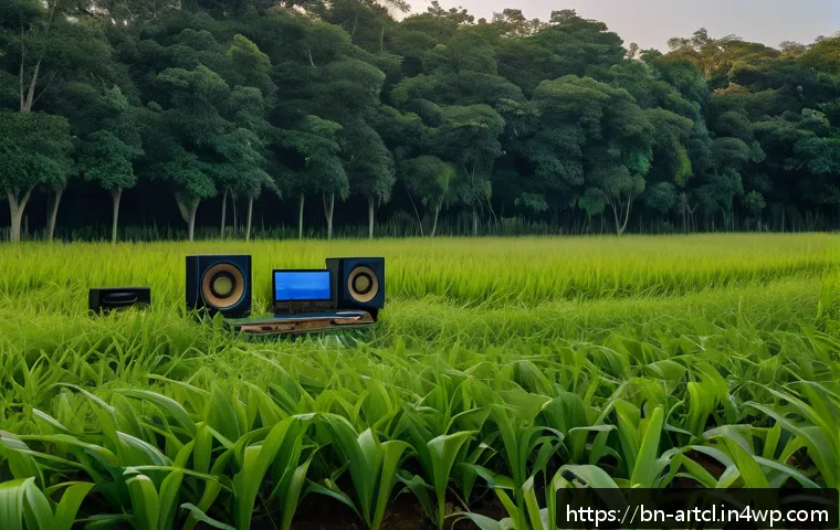사운드 아트의 청각적 구성 요소 이해하기 - A serene outdoor sound art installation in a lush green open field during golden hour, featuring tra...
