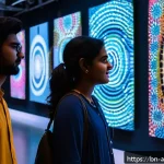 Home 19 사운드 아트 프로젝트의 참여형 경험 설계 - A vibrant interactive sound art installation set in a modern gallery space, featuring a diverse grou...
