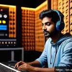 Home 18 사운드 아트 프로젝트에서의 피드백 활용하기 - A thoughtful young Bengali sound artist in a modern studio, surrounded by professional audio equipme...