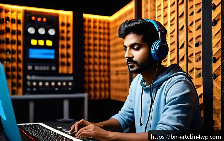 사운드 아트 프로젝트에서의 피드백 활용하기 - A thoughtful young Bengali sound artist in a modern studio, surrounded by professional audio equipme...
