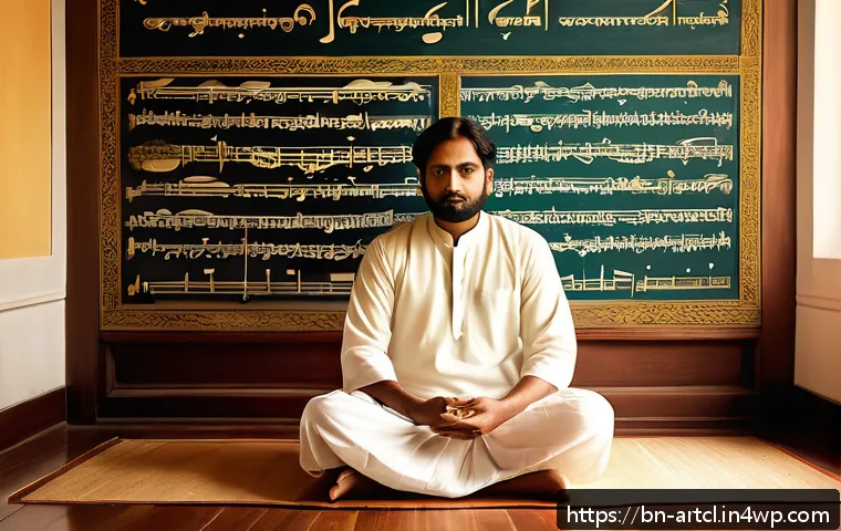 사운드 아트와 심리적 공간의 관계 - A serene, contemplative Bengali poet sitting cross-legged in a traditional room filled with warm sun...