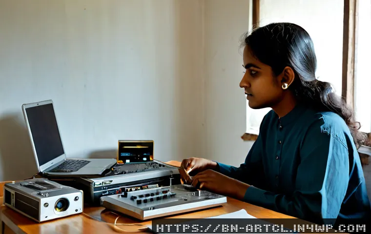 사운드 아트의 아카이빙 방법 - Photorealistic sound art archiving workspace in a quiet South Asian cultural studio, a Bengali archi...