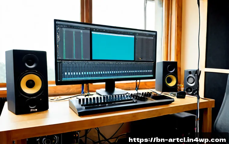 사운드 아트 설치 시 장비 선택 가이드 - Photorealistic contemporary sound art installation studio, a Bangladeshi audio artist carefully comp...
